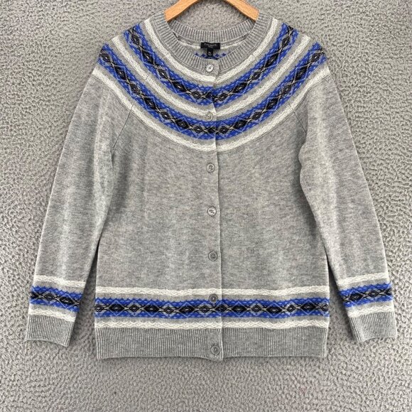 Talbots Sweater Women Medium Petite Gray Blue Fair Isle Lambswool Blend Cardigan - Picture 1 of 9